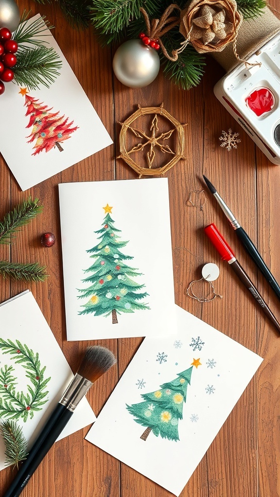Handmade watercolor Christmas cards with festive designs on a wooden table.